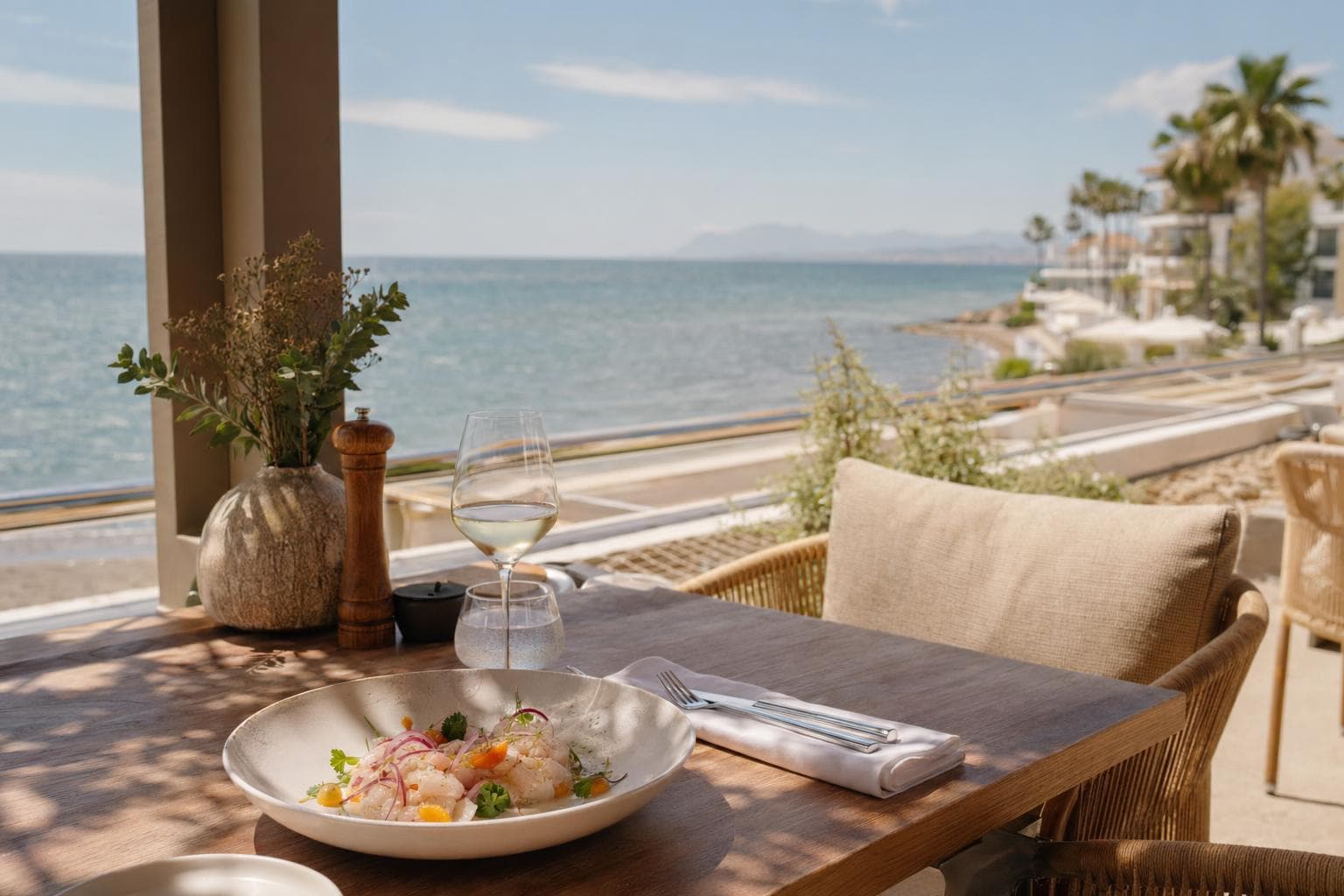 Concepto de restaurante junto al mar en Estepona: luz, línea de agua y una presentación clara y contemporánea.