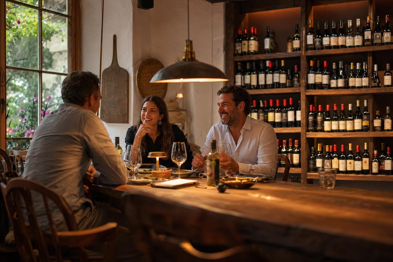Casa de vinos en Benahavís: luz cálida, botellas, madera y la sensación de una conversación gastronómica larga.